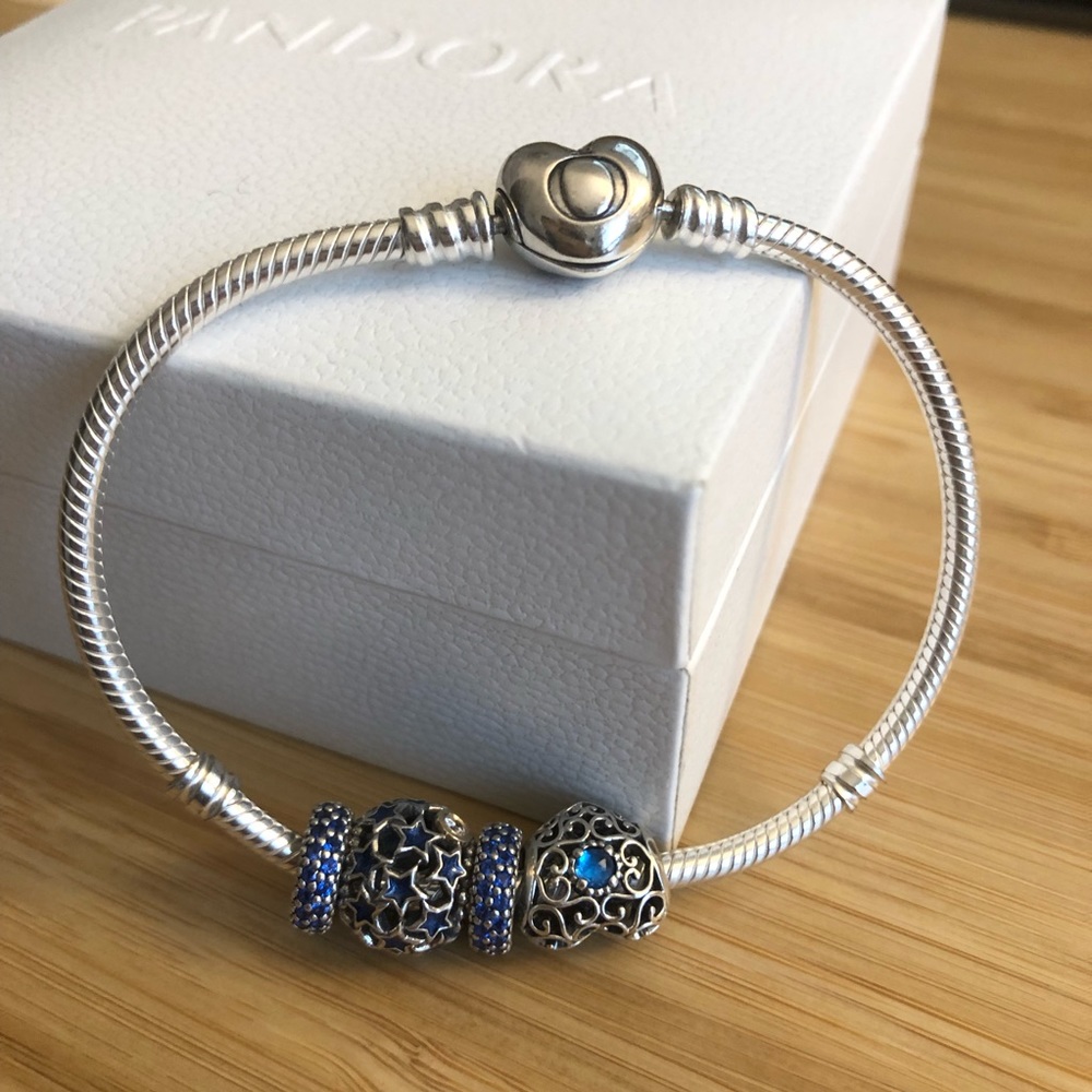 Pandora Moments Heart Clasp Snake Chain Bracelet w/4 charms - 7.5 inches